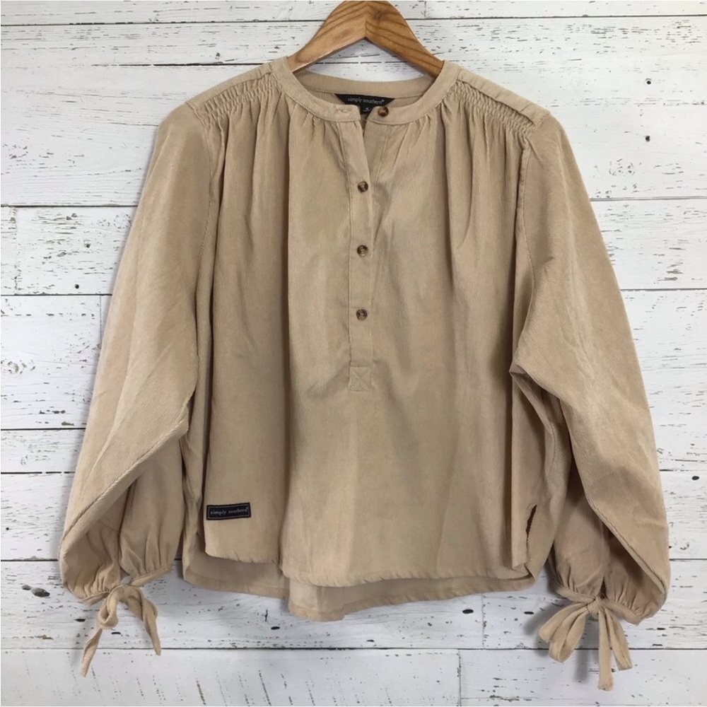 Simply Southern Fine Corduroy Henley Style Tie Sleeve Blouse Neutral Top Small​